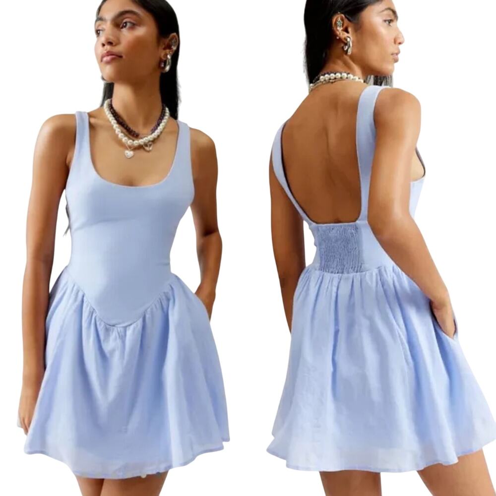 Urban Outfitters Daphne Mini Dress Drop Basque Waist Fit & Flare Light Blue S